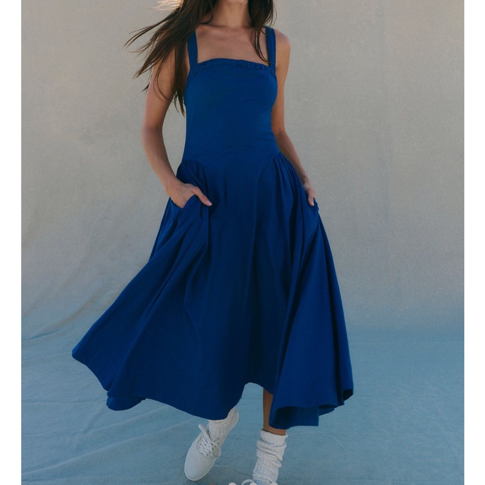Free People Blue Sleeveless Square Neck Sundress